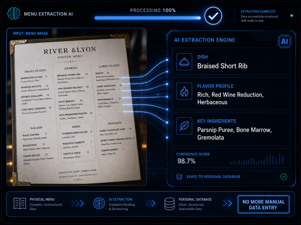A visual representation of an AI tool scanning a physical menu and extracting dish names, flavor profiles, and ingredients into a structured list.