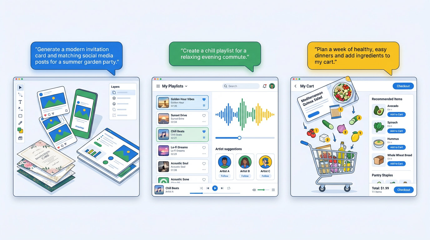Google AI Mode Connected Apps use cases for Canva, YouTube Music, and Instacart