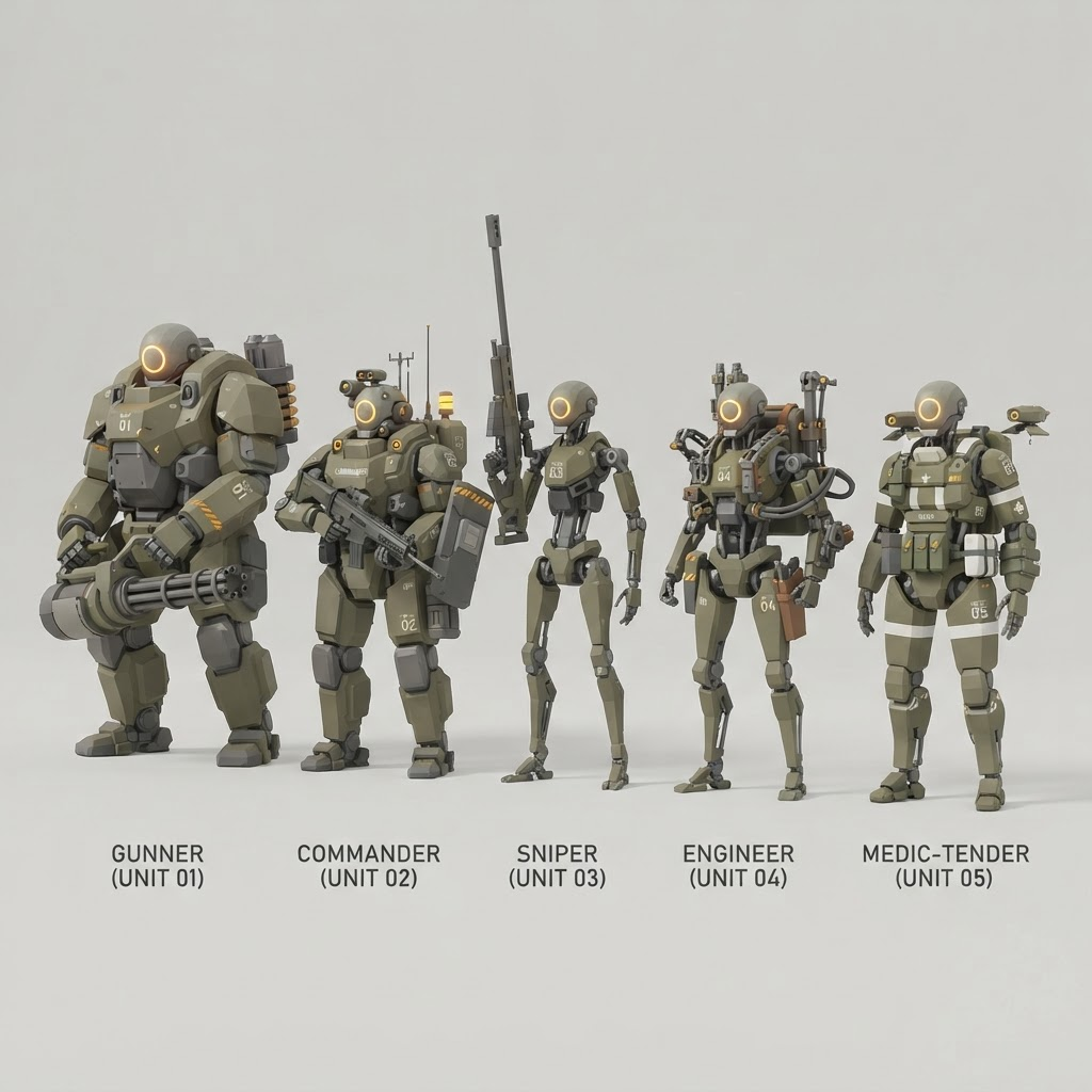 Image: Concept art for a video game squad lineup: five hu