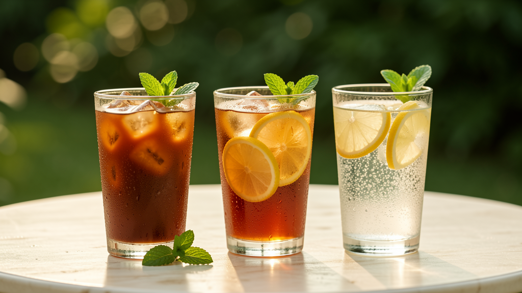 Iced coffee, lemon tea and sparkling citrus water sweetened for summer