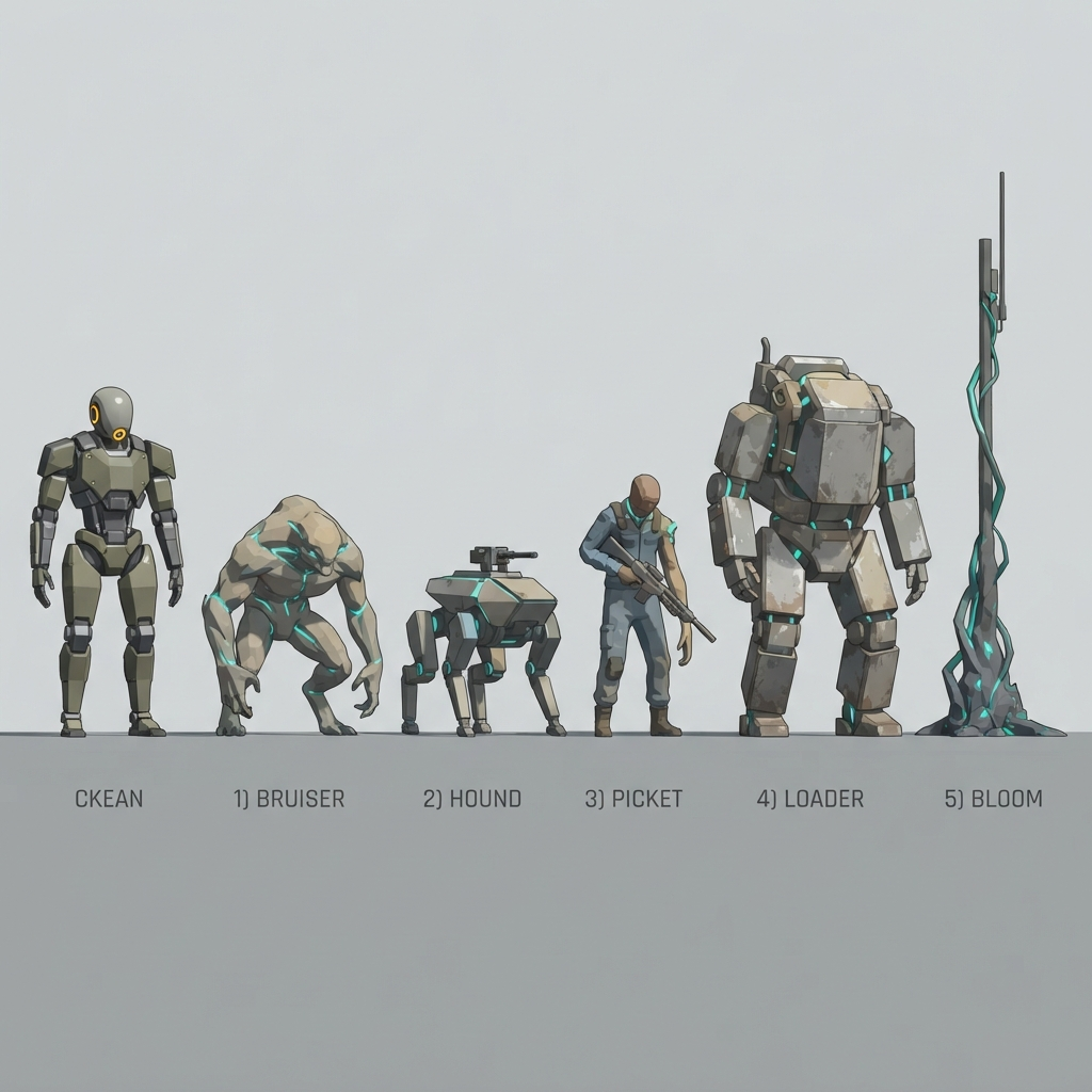 Image: Concept art lineup for video game enemies: six fig