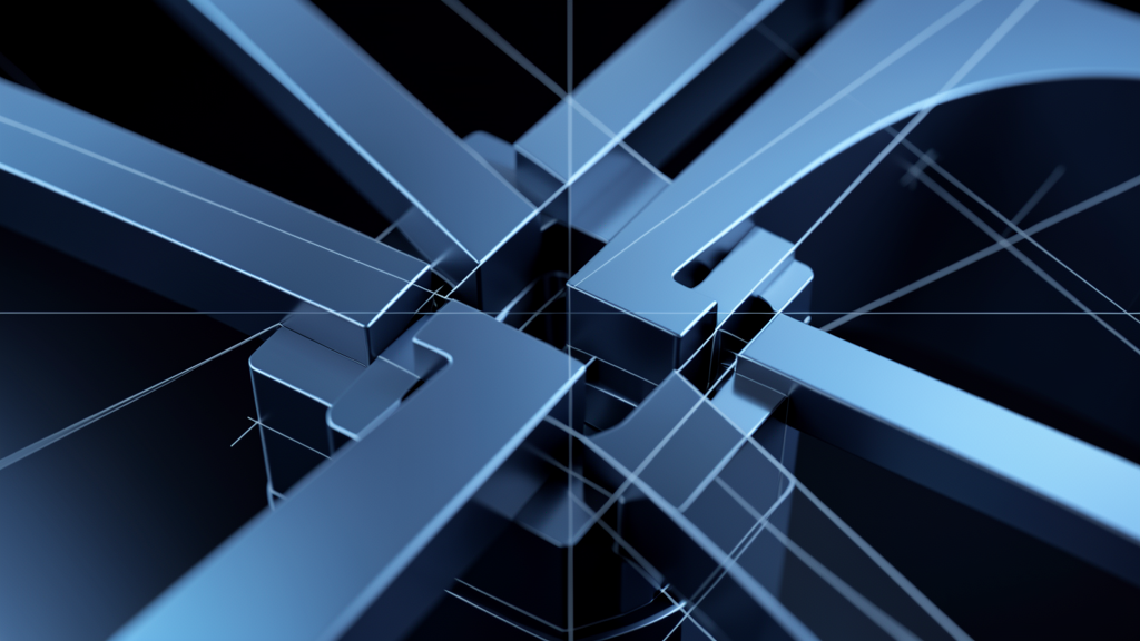 Abstract mechanical composition in cool steel-blue tones