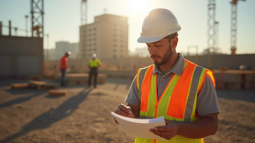 Supervisor revisando cumplimiento de seguridad en obra bajo calor extremo