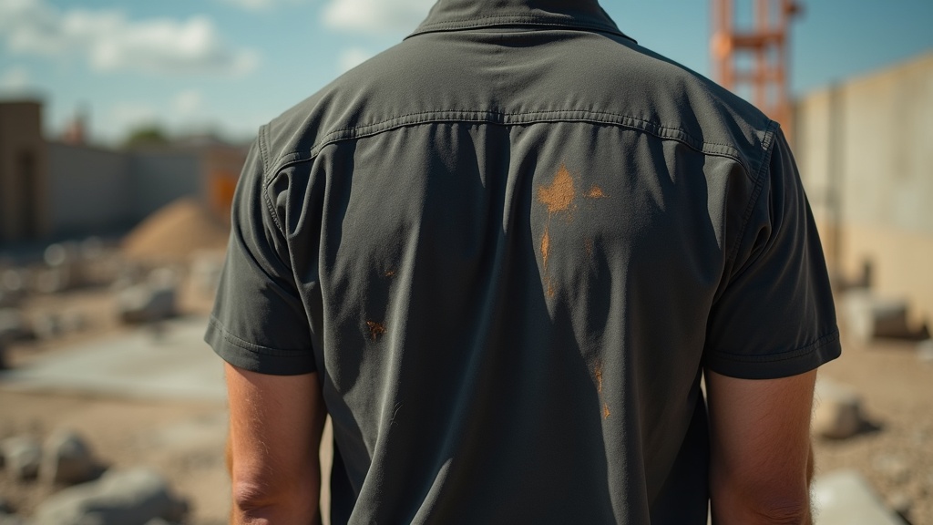 Camisa de trabajo empapada de sudor en obra bajo el sol