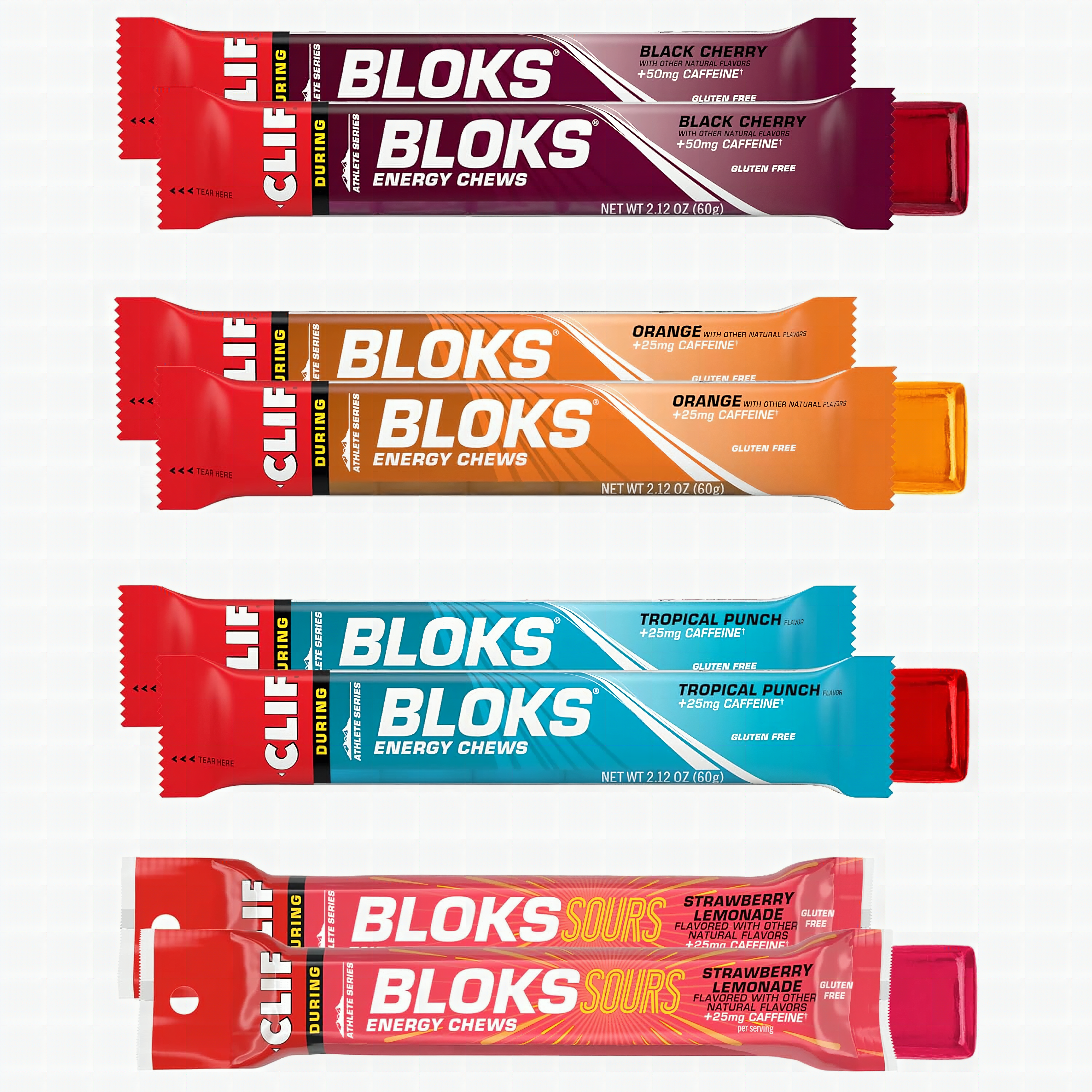 Macro close-up of colorful CLIF Bloks chews stacked together with shallow depth of field