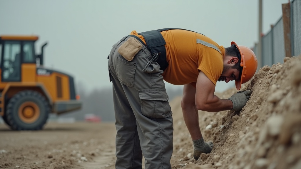 Trabajador de construcción usando cinturón de trabajo ergonómico para proteger la espalda baja
