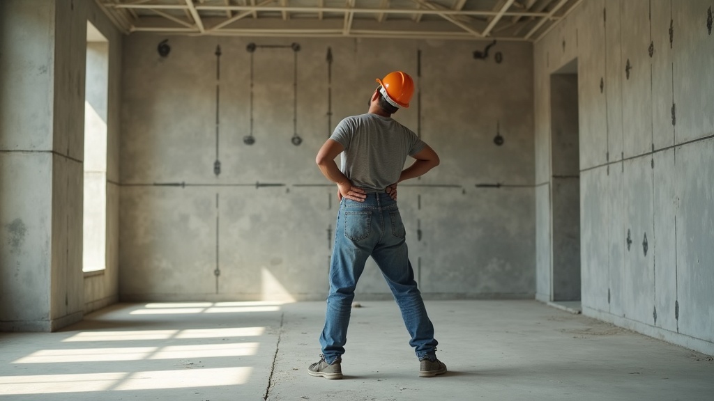 Pausa activa de estiramiento lumbar en obra de construcción