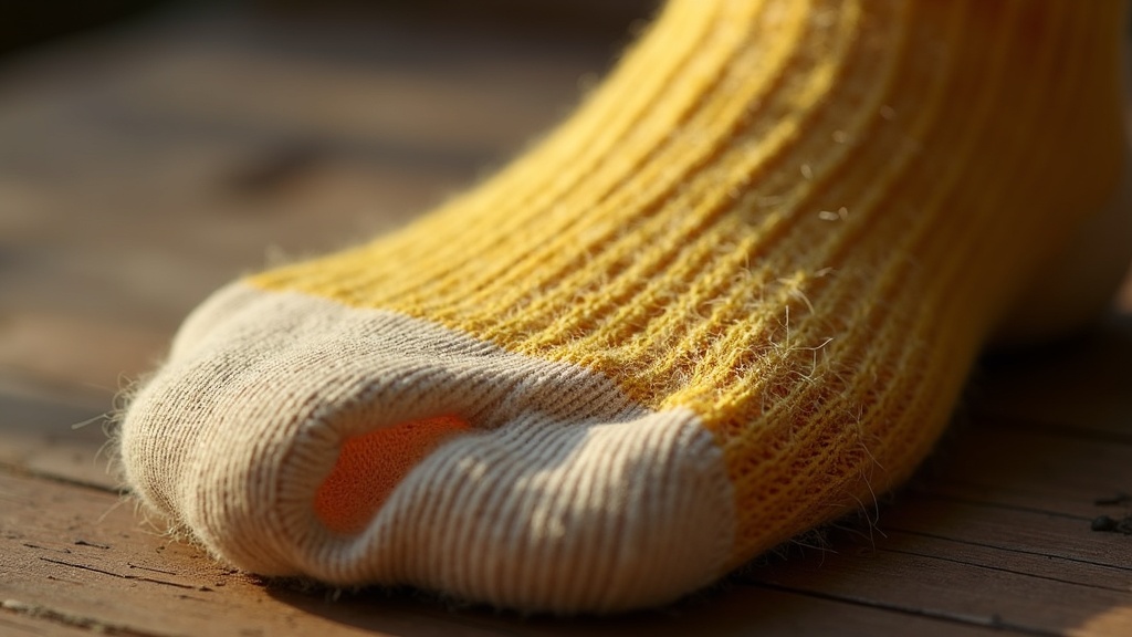 Close-up of worn work sock fabric with broken fibers at the heel
