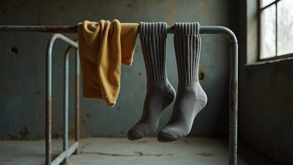 Thick work socks air drying on a metal rack in a utility room