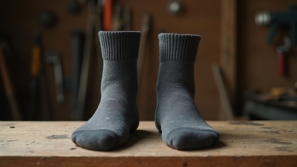 Two pairs of work socks compared side by side showing different construction quality