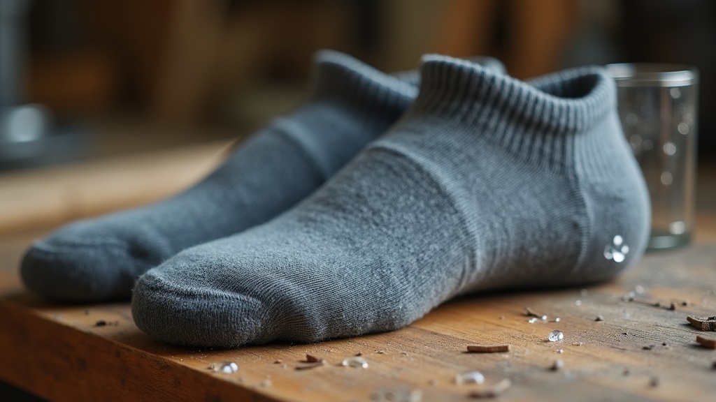 Merino wool work socks showing moisture-wicking properties on a workbench