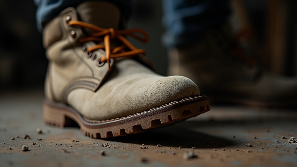 Sweaty foot sliding into a steel-toe boot with a damp cotton sock