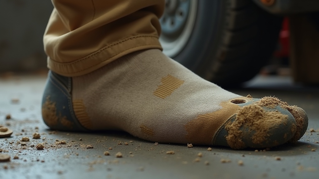 Cheap work sock with holes next to a steel-toe boot on a jobsite floor
