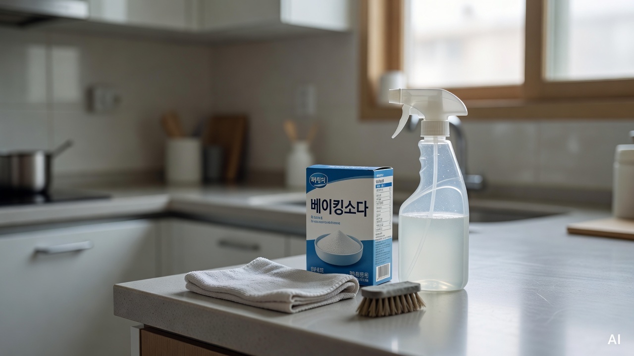 cleaning supplies including baking soda and spray bottle on a kitchen counter