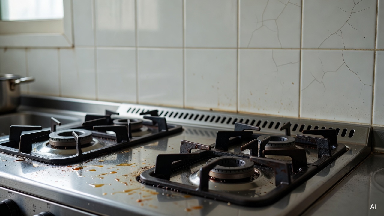 kitchen stovetop with grease stains on a white tiled background