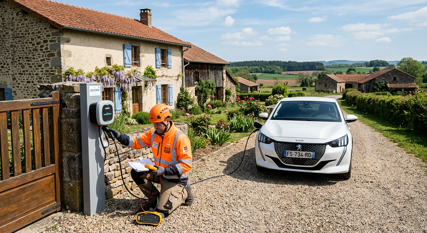 Installateur IRVE certifié vérifiant une borne de recharge électrique devant une maison en zone rurale avec un véhicule électrique branché