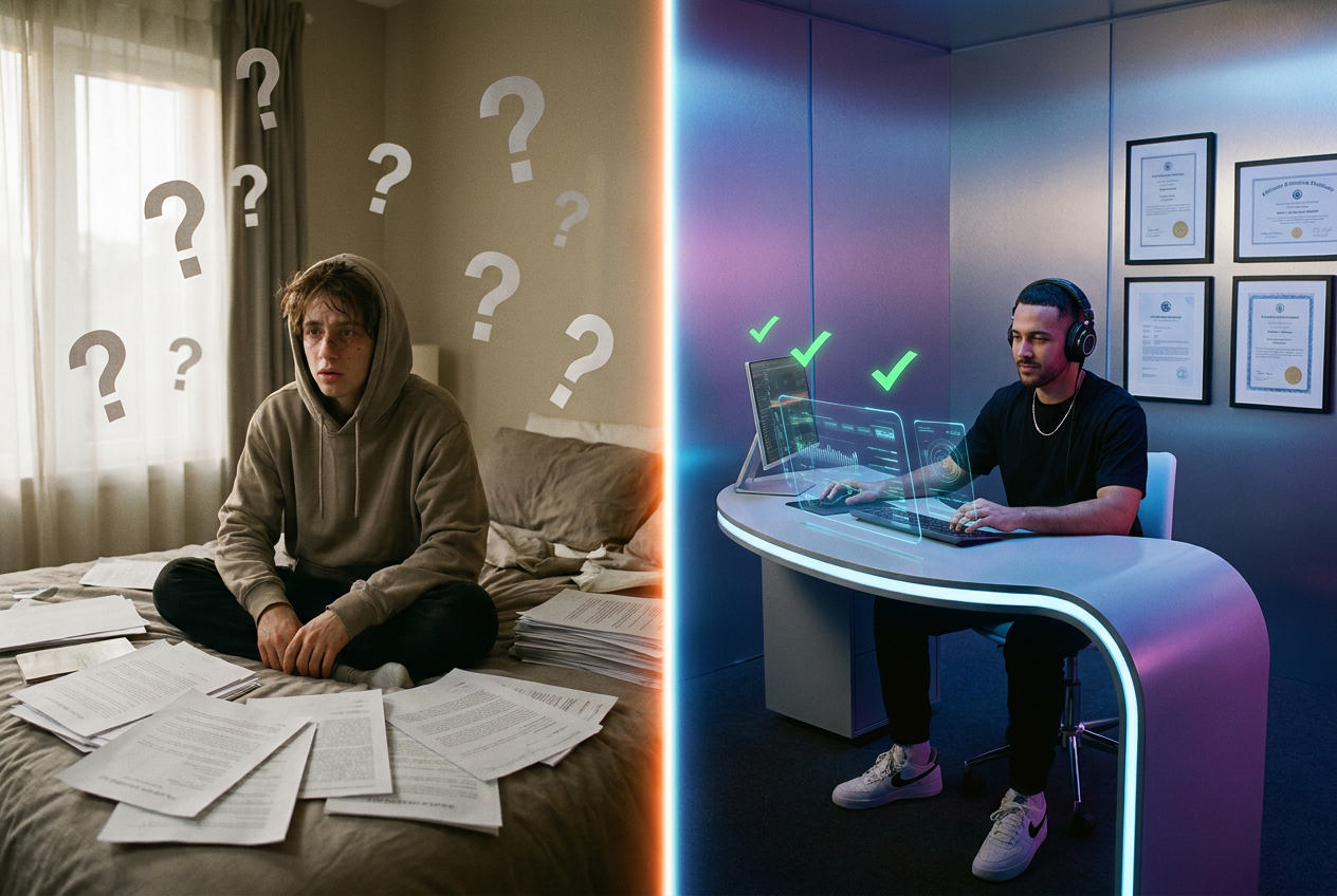 alt text for accessibility: A split-screen illustration showing the transition from old AI music creation to new licensed era