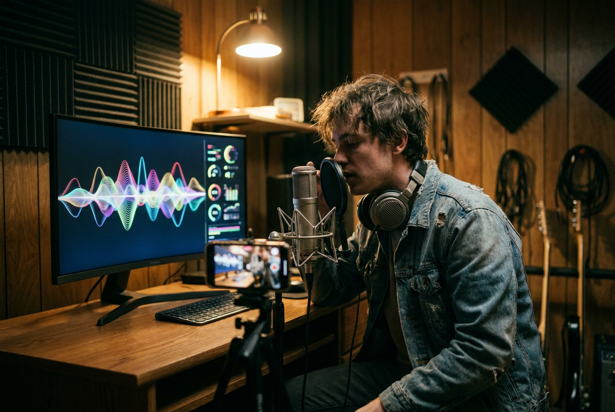 alt text for accessibility: Musician using voice cloning technology in a modern home studio