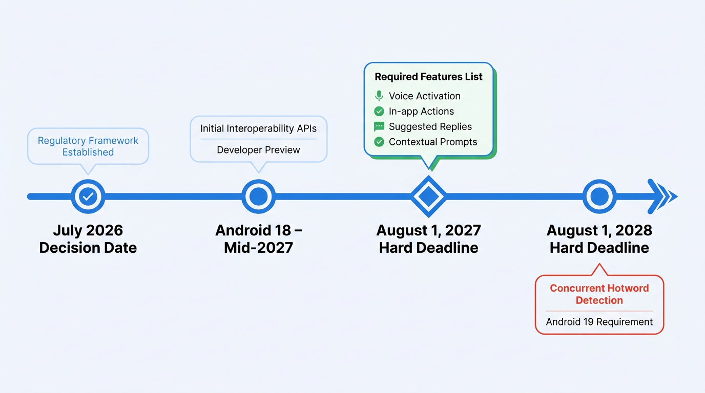 Timeline diagram of EU DMA Android AI interoperability milestones for Google