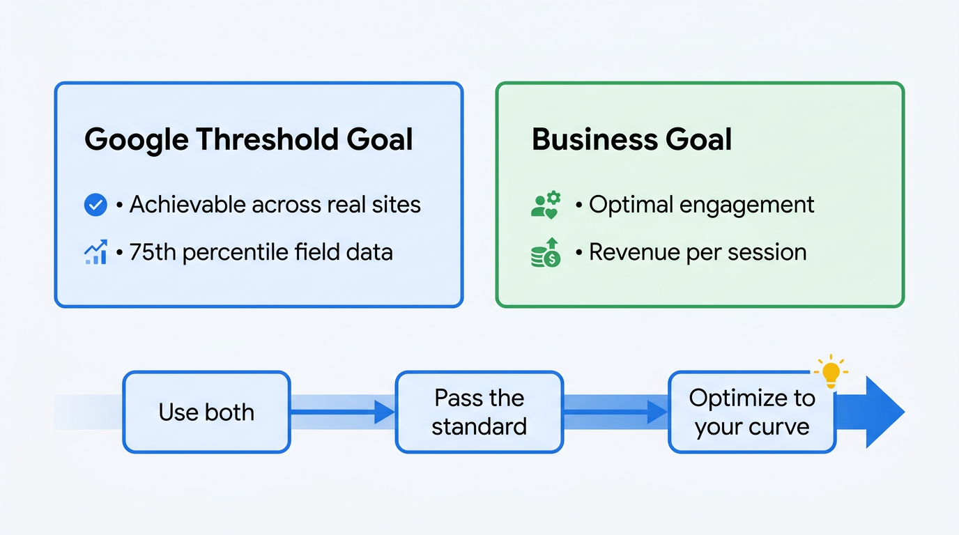 Diagram contrasting Google Core Web Vitals LCP threshold goal versus business engagement target
