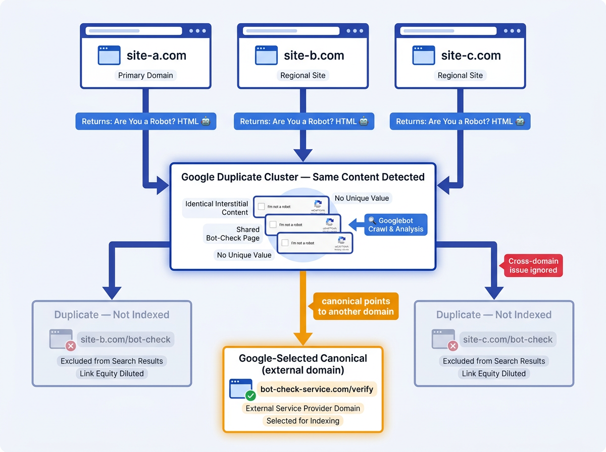Architecture diagram showing duplicate canonical another site caused by shared robot check page across domains