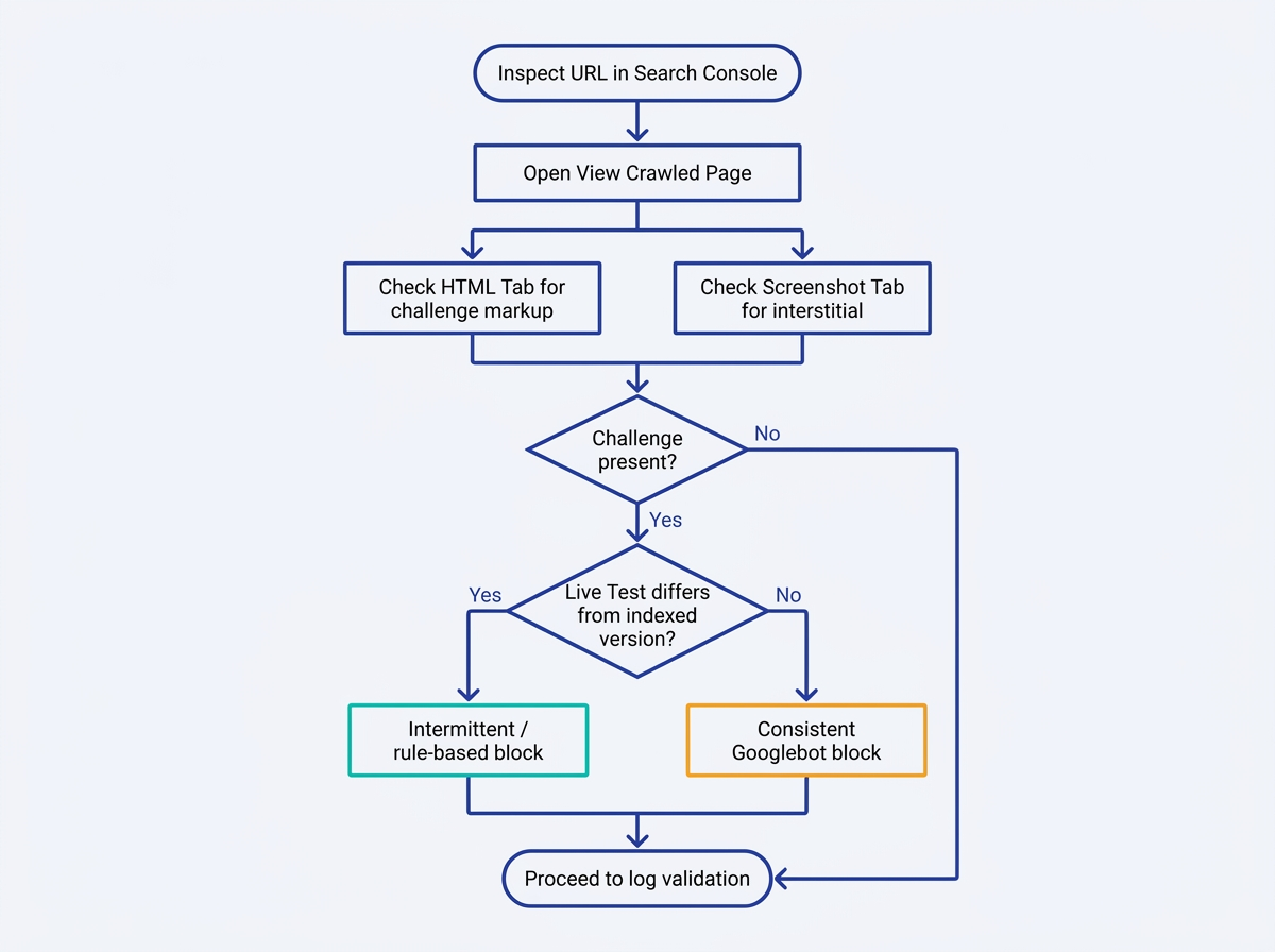 Flowchart showing URL Inspection steps to detect captcha page indexed by Googlebot
