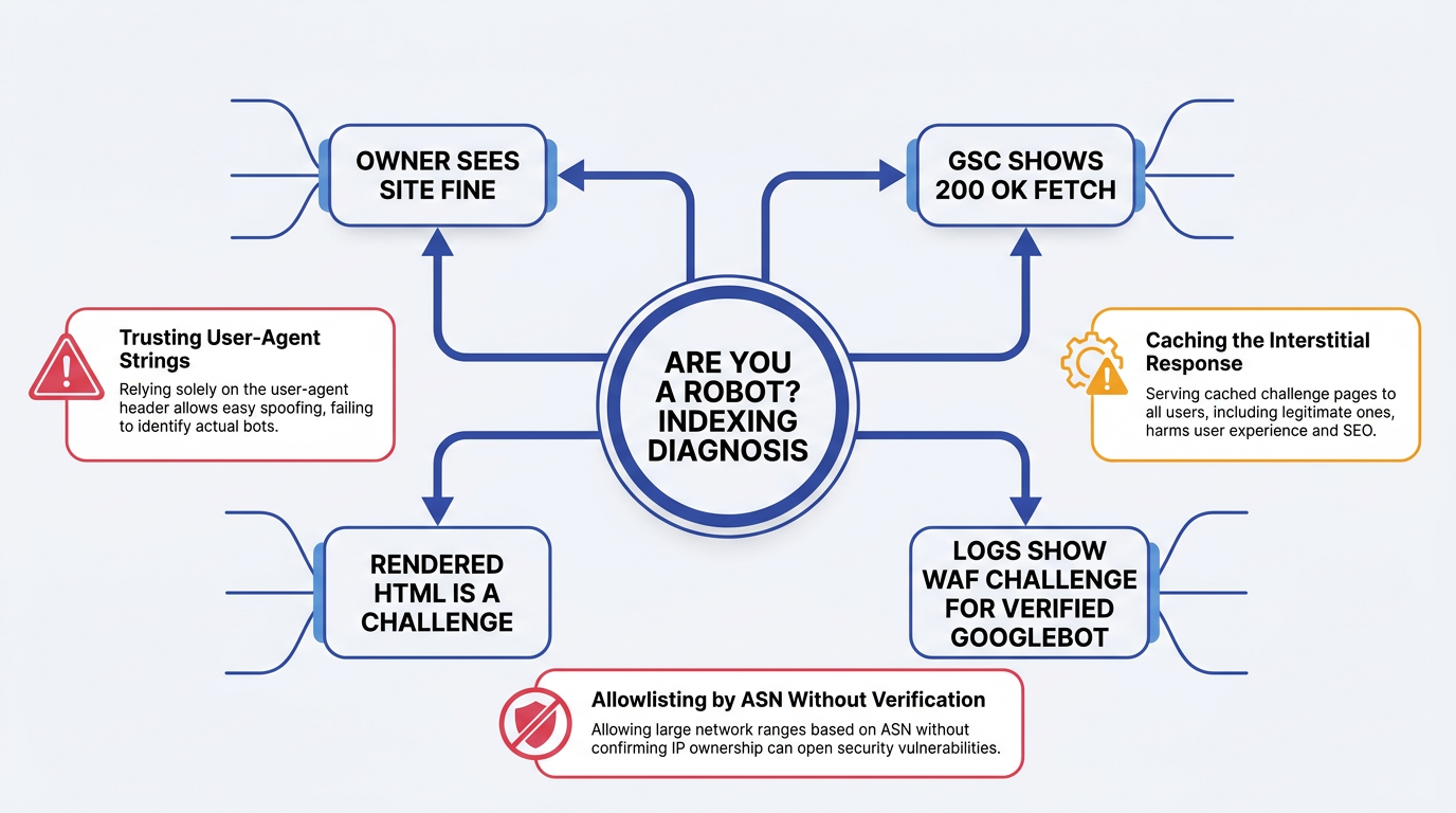 Mindmap diagram troubleshooting are you a robot page indexing issue with WAF challenge nodes