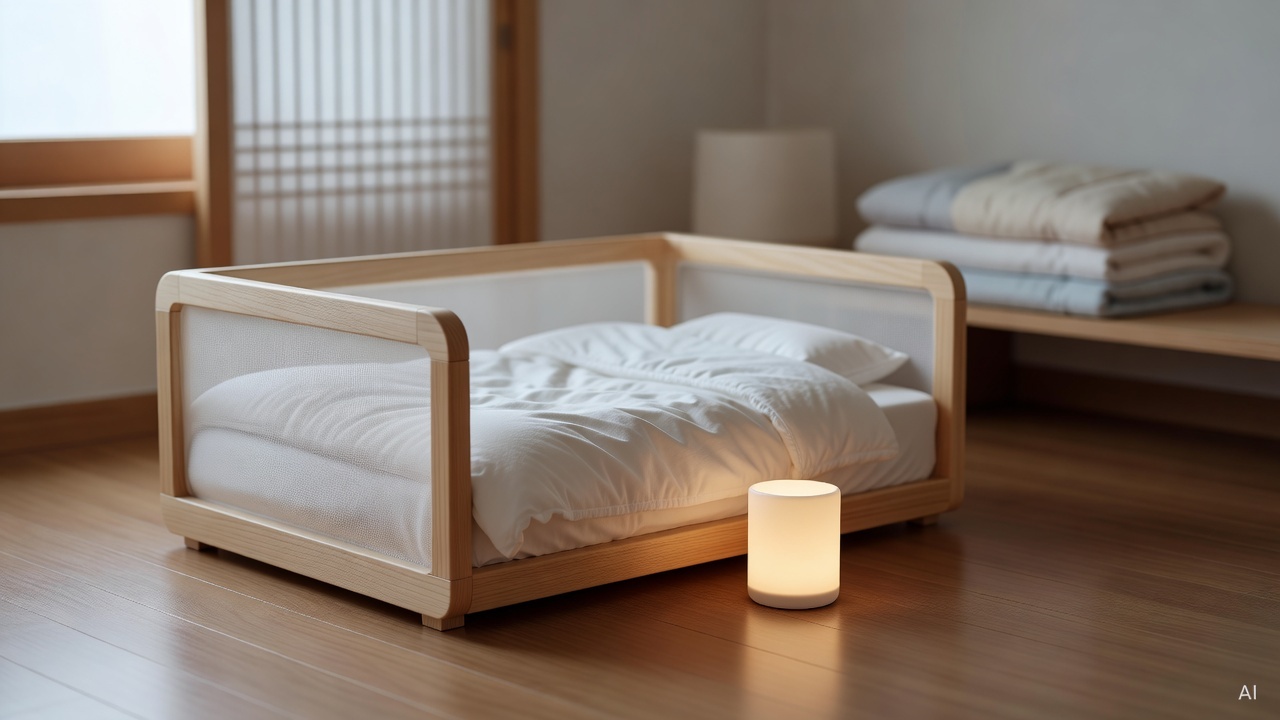 soft baby crib with white bedding and a small night light on a wooden nursery floor