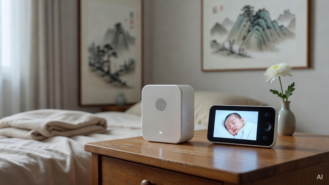 small white noise machine on a wooden bedside table next to a baby monitor