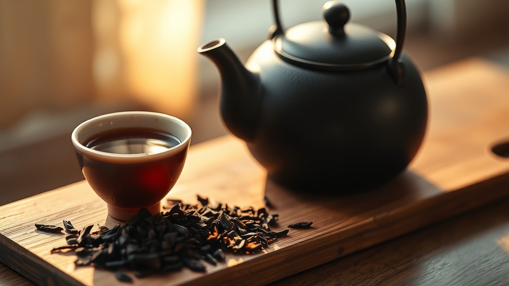 Théière en fonte japonaise et tasse de pu-erh sur une planche en bois