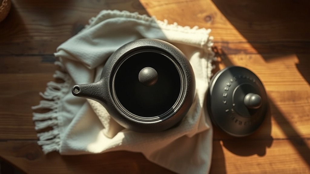 Théière en fonte japonaise ouverte qui sèche sur un linge en lin
