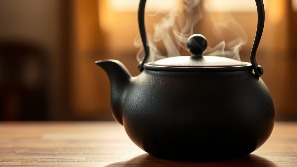 Eau chaude versée dans une théière japonaise en fonte noire, vapeur visible