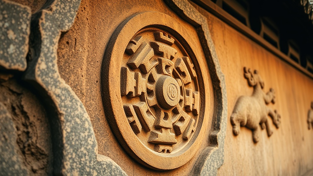 Roue du Dharma sculptée sur la façade d'un temple bouddhiste Chan du Zhejiang