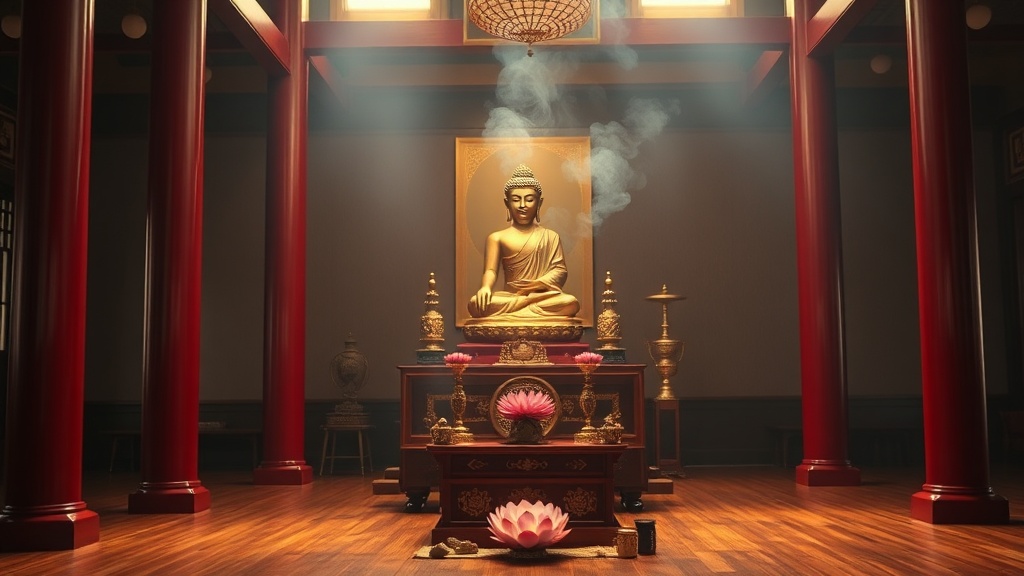 Intérieur de la salle principale d'un temple Chan avec statue de Shakyamuni sur l'autel