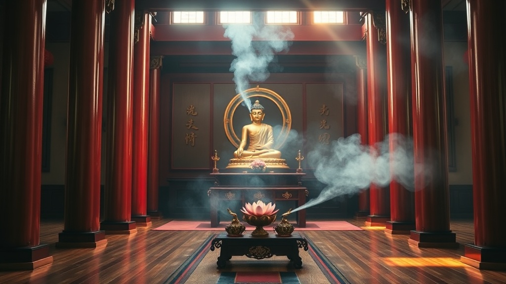 Intérieur de la salle principale d'un temple Chan avec statue de Shakyamuni sur l'autel