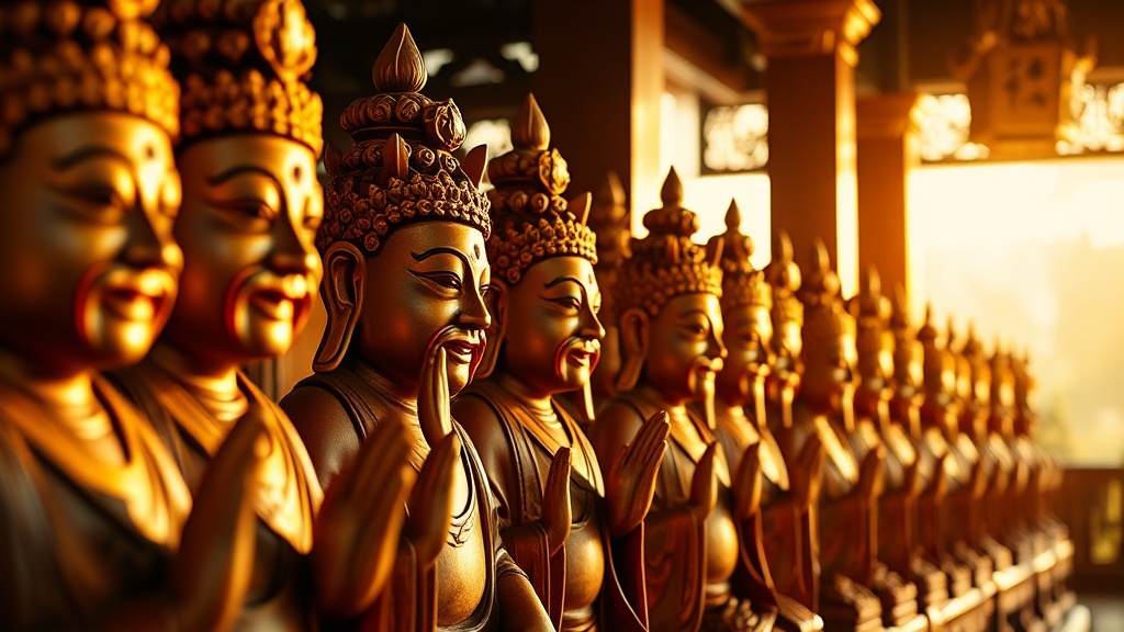 Rangée de statues de Luohan (Arhats) aux postures expressives dans un temple bouddhiste Chan