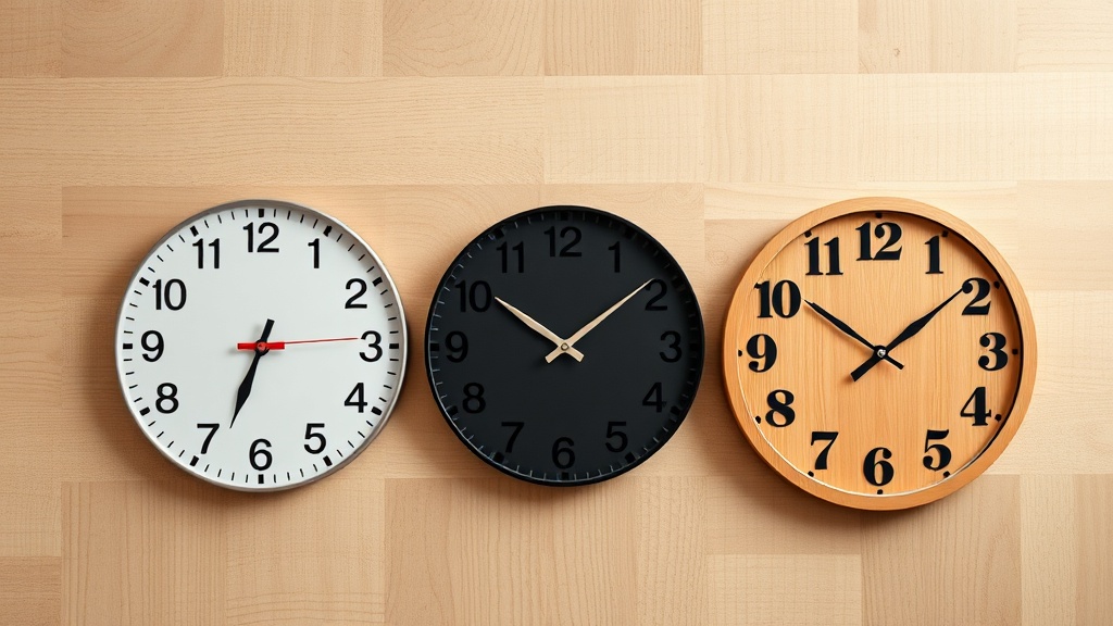 Three wall clock dial options compared: white, black and natural wood with Arabic numerals
