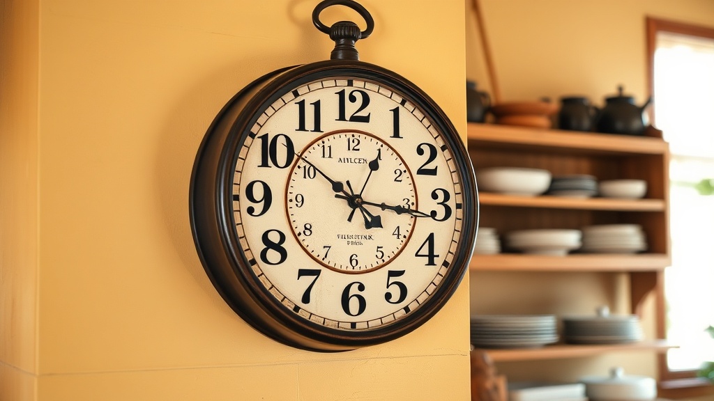 Vintage farmhouse wall clock with Arabic numerals on cream dial and dark bronze frame in kitchen setting