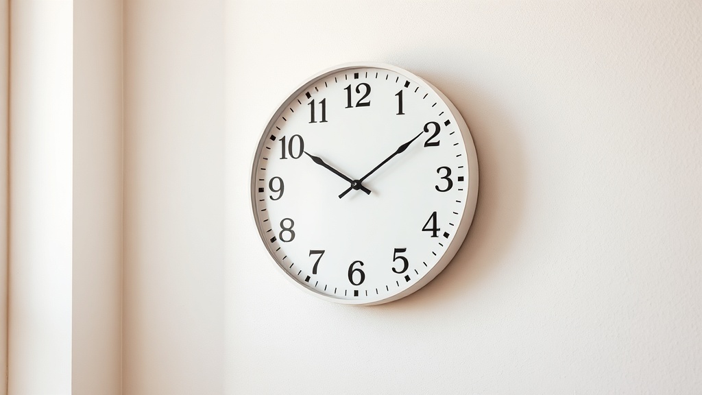 Minimalist wall clock with bold Arabic numerals on white plaster wall, Scandinavian interior
