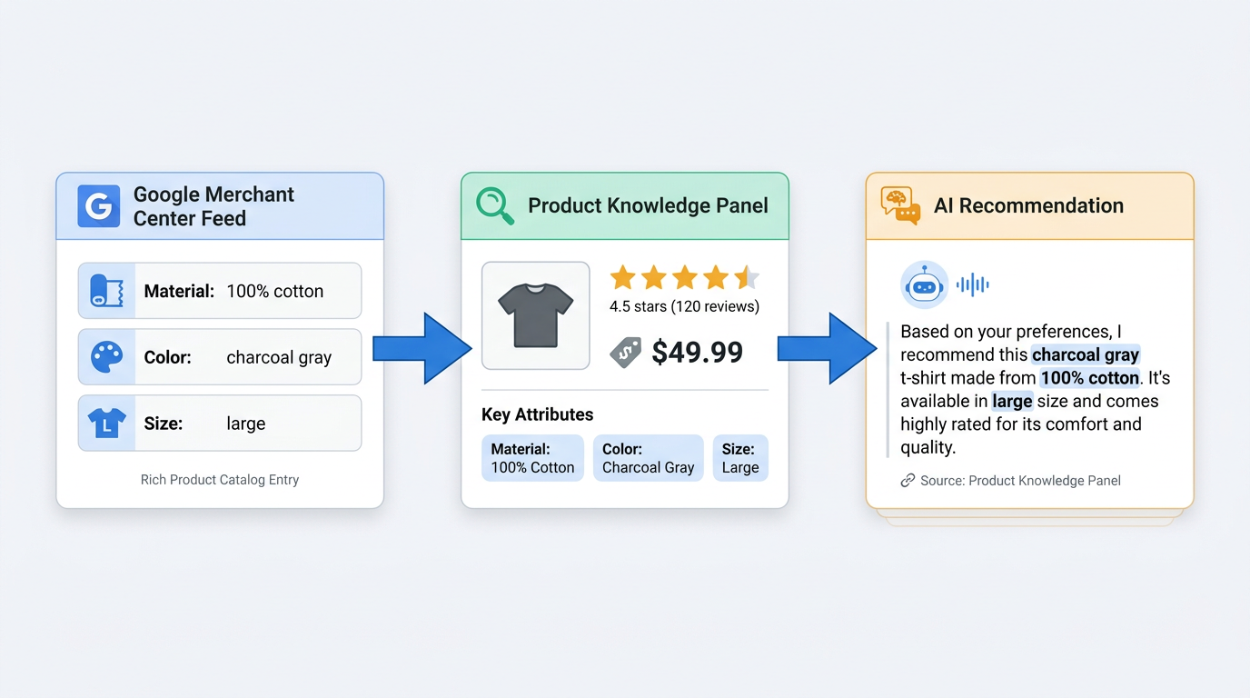 Data flow illustration from Merchant Center feed to Google AI Mode product citation