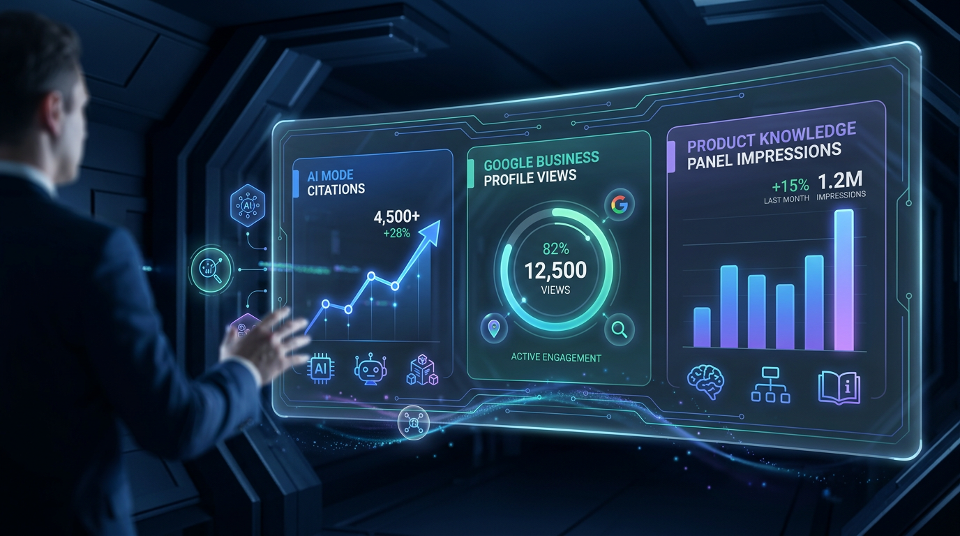 Business owner monitoring Google AI Mode citations on a futuristic analytics dashboard