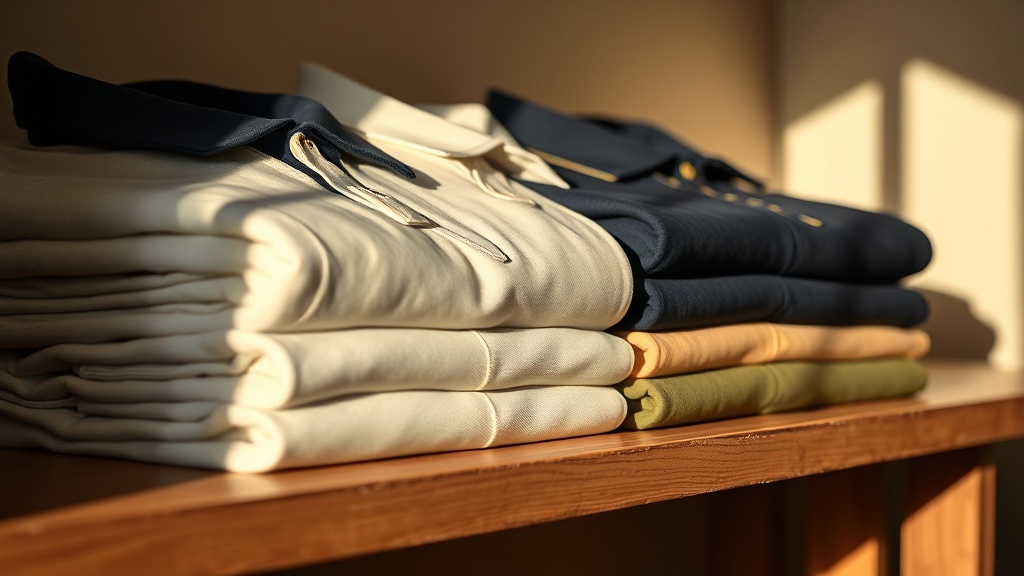 Folded polo shirts in navy, ivory and olive arranged on a wooden surface showing color palette restraint