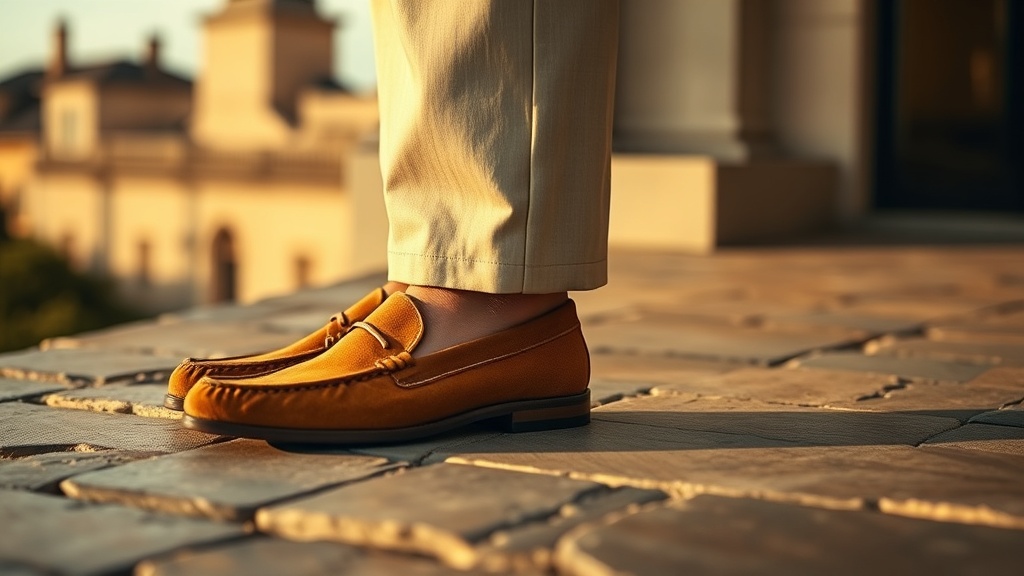 Tan suede loafers beside cream tailored trouser hem, warm light on stone floor