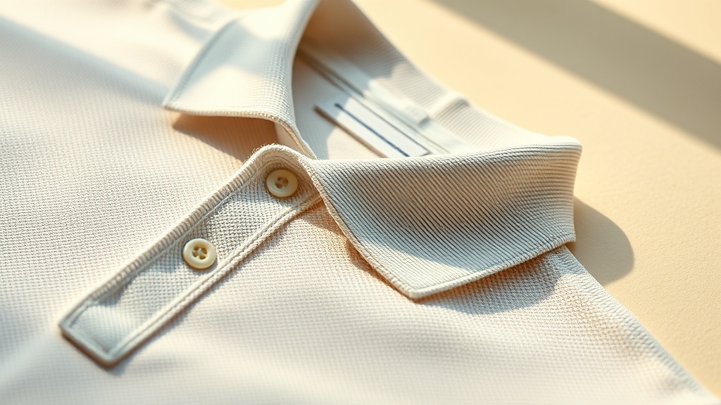 Close-up of a piqué polo shirt collar showing ribbed texture and placket construction
