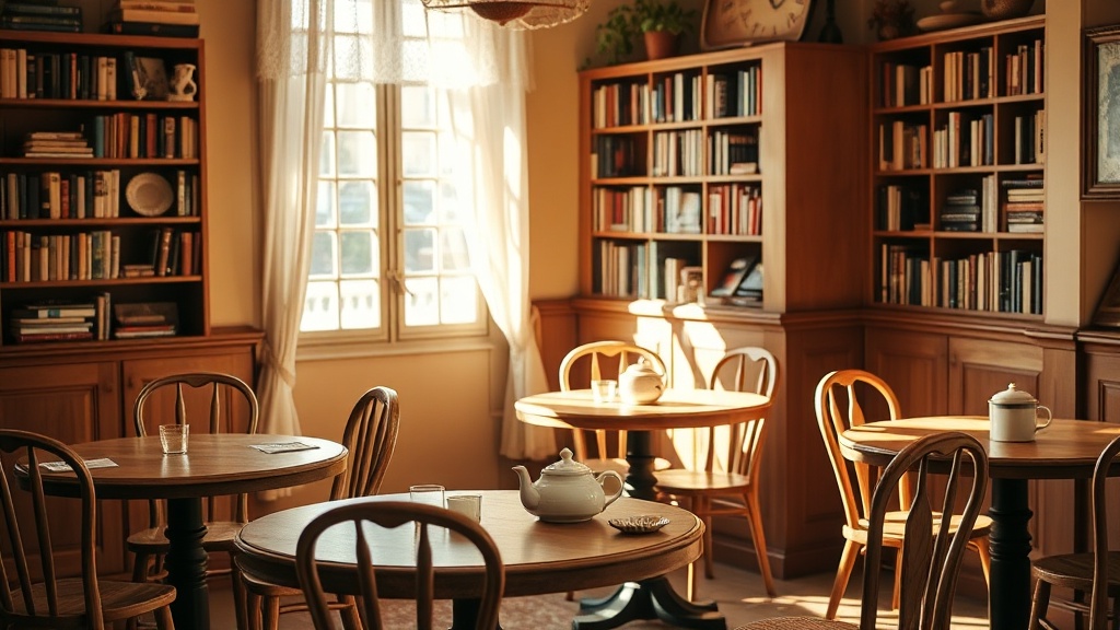 Intérieur chaleureux d'un salon de thé à Amiens avec mobilier vintage et lumière d'après-midi