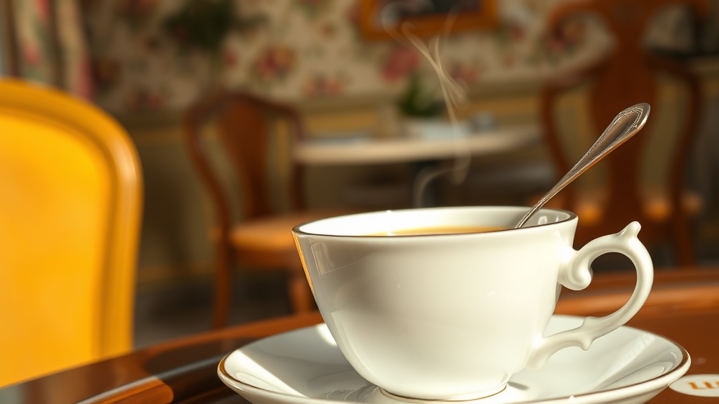 Tasse de thé fumante dans un salon de thé cosy à l'ambiance française