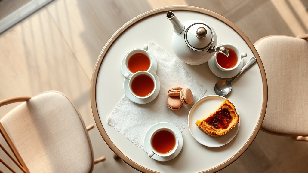 Plateau de salon de thé avec petits gâteaux, macarons et théière sur table de bistrot