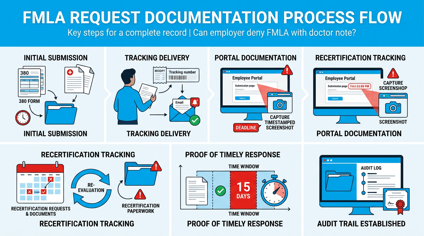 Infographic: What to Document Throughout Your FMLA Request Process - Can Employer Deny FMLA with Doctor Note After Certificat