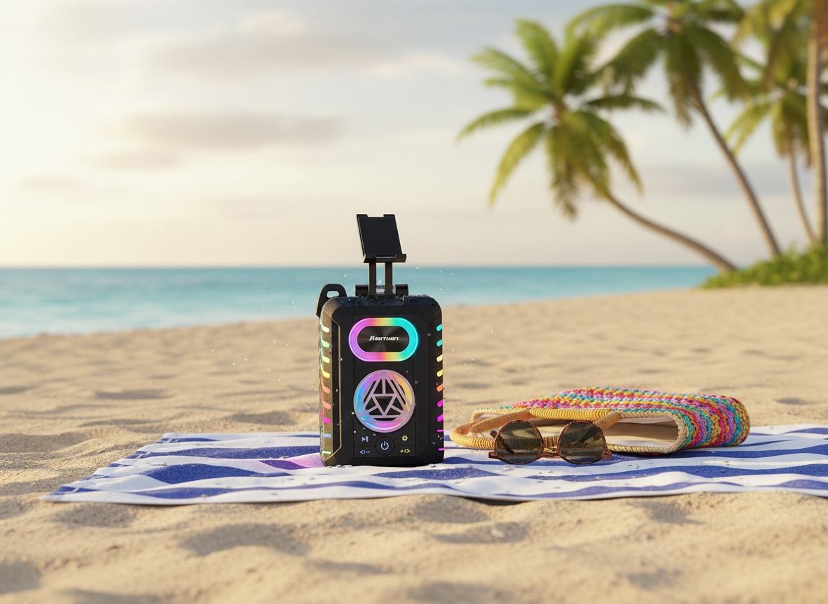 JTEMAN speaker with phone stand on beach towel among summer beach accessories with ocean view behind