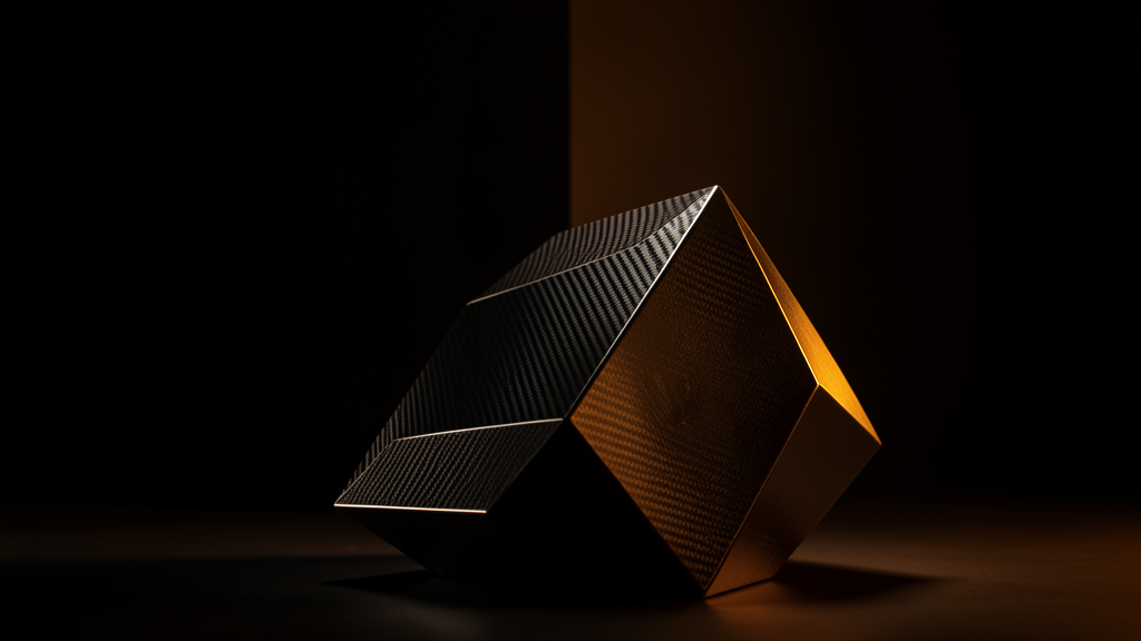 Dark abstract metallic form with dramatic side lighting and amber highlights